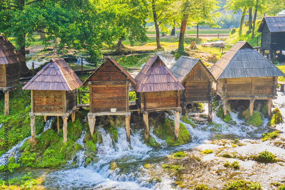 Old wooden mills Mlincici near Jajce on Plivsko Lake, Bosnia and Herzegovina