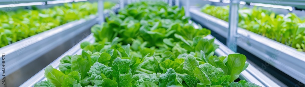 Fresh, vibrant lettuce growing in a hydroponic farm, showcasing green leaves and modern agricultural techniques. Fresh, vibrant lettuce growing in a hydroponic farm, showcasing green leaves and modern agricultural techniques.