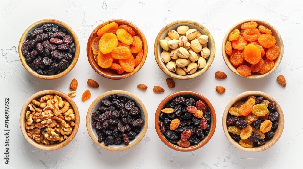 Assortment of Dried Fruit and Nuts in Wooden Bowls Assortment of Dried Fruit and Nuts in Wooden Bowls