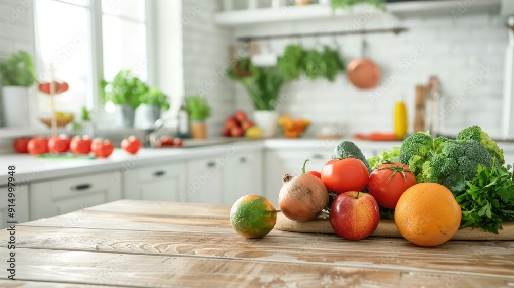 Fresh Produce on a Rustic Wooden Table in a Kitchen Setting Fresh Produce on a Rustic Wooden Table in a Kitchen Setting