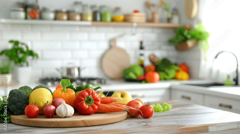 Fresh Vegetables and Fruits on a Cutting Board in a Kitchen Fresh Vegetables and Fruits on a Cutting Board in a Kitchen