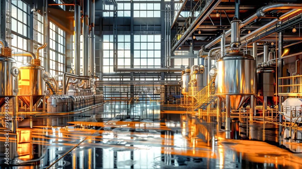 Sunlight pours through large windows, illuminating shiny metal tanks and pipes in a dynamic brewery, showcasing the intricate process of beer production Sunlight pours through large windows, illuminating shiny metal tanks and pipes in a dynamic brewery, showcasing the intricate process of beer production