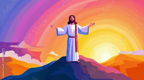 Jesus christ transfiguration in rays of holy light on top of the mountain cartoon art animation -- 4k stock video footage AI