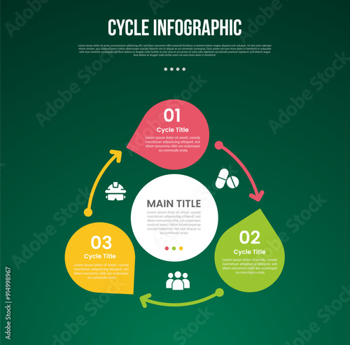 cycle infographic with circle waterdrop shape arrow line connection with 3 point stage with modern dark style for slide presentation
