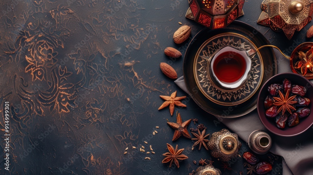 Aromatic Spices, Tea, and Lanterns on a Rustic Surface