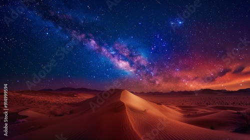 A lone sand dune stands against a vibrant night sky, the Milky Way stretching across the vast expanse.