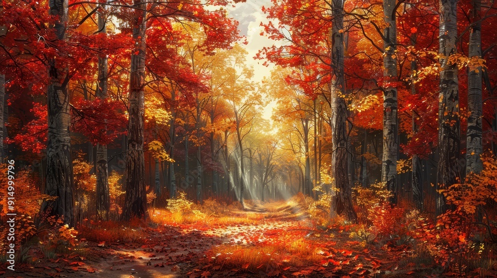 Fototapeta premium A path winds through a vibrant autumn forest, sunlight filtering through the fiery foliage.
