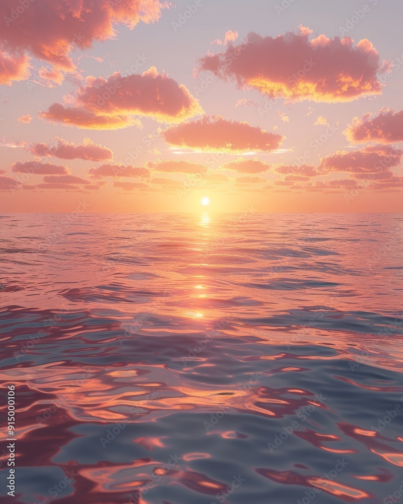 Fototapeta premium A serene sunset over a calm ocean, with pink and orange clouds reflecting in the water.