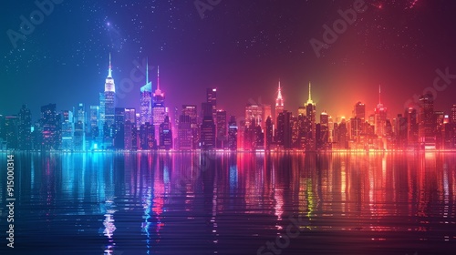 A vibrant, futuristic cityscape illuminated by neon lights reflecting on the water. The city skyline is a symphony of color and light.