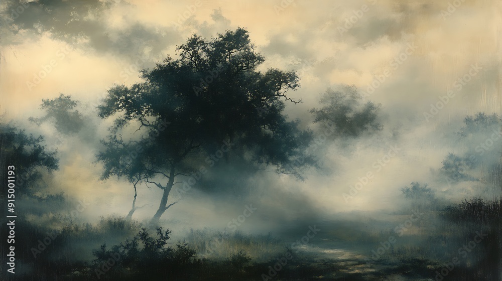 A Misty Forest Path with a Lone Tree in the Foreground A Misty Forest Path with a Lone Tree in the Foreground
