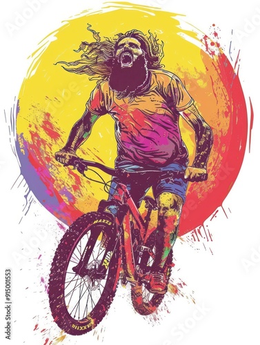 Aggressive Mountain Biker in Watercolor Style.