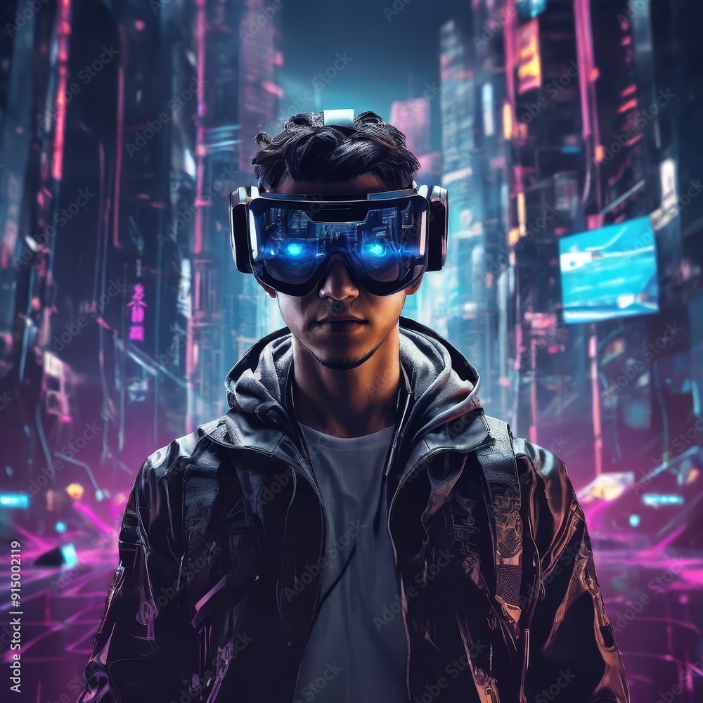 Illustration of a cyberpunk hacker in a virtual reality setting, surrounded by holographic code, futuristic UI, and virtual landscapes, Surreal Cyberpunk Art Style, Influenced by Deviantart and Ghost Illustration of a cyberpunk hacker in a virtual reality setting, surrounded by holographic code, futuristic UI, and virtual landscapes, Surreal Cyberpunk Art Style, Influenced by Deviantart and Ghost