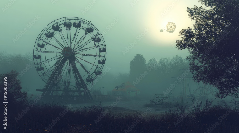 Spooky carnival with broken rides and dim lights Spooky carnival with broken rides and dim lights