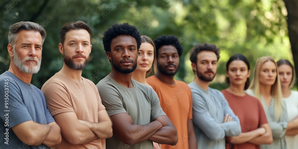 A diverse group of people standing outdoors with serious expressions, arms crossed, unity, strength, determination, solidarity, casual attire, natural background, focused gaze, community
A diverse group of people standing outdoors with serious expressions, arms crossed, unity, strength, determination, solidarity, casual attire, natural background, focused gaze, community