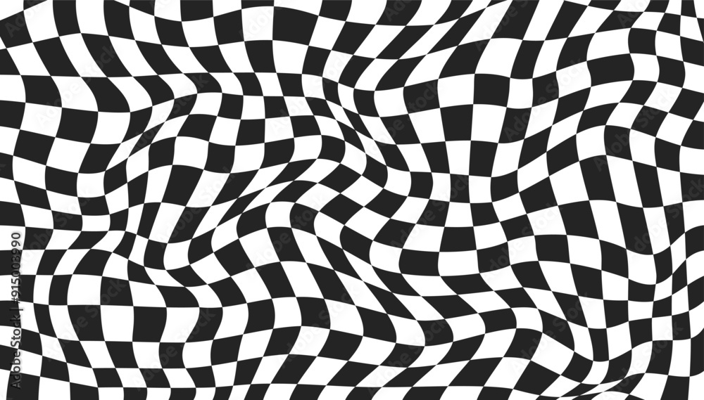 Black and white psychedelic pattern. Checkerboard distorted print. Abstract warped effect background. Y2k wavy design for banner. Optical illusion. Vector illustration Black and white psychedelic pattern. Checkerboard distorted print. Abstract warped effect background. Y2k wavy design for banner. Optical illusion. Vector illustration