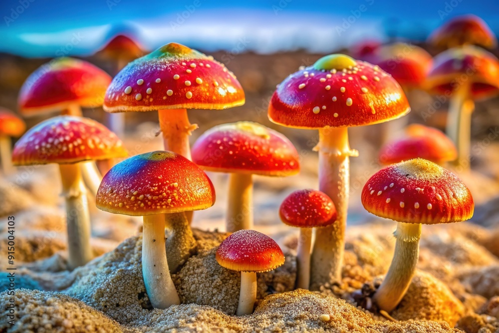 Obraz premium Vibrant, rare, and otherworldly mushrooms burst forth from arid, gravelly sand, their caps a kaleidoscope of colors, defying the harsh environment in which they thrive.