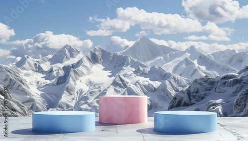 Three Cylindrical Platforms Against Snowy Mountains photo