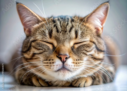 Adorable, groggy feline face, eyes half-closed, nostrils flared, and whiskers relaxed, lies still with a sweet, sleepy expression after a veterinary procedure. photo