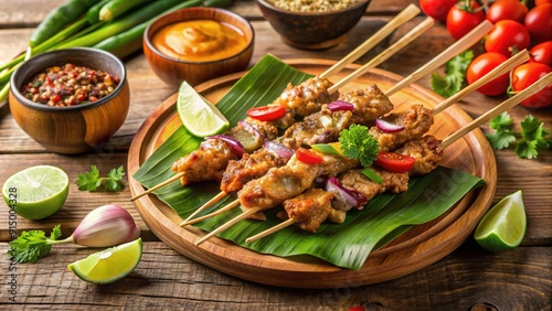 Fototapeta Naklejka Na Ścianę i Meble -  Vibrant skewers of Sate Lilit, a traditional Indonesian satay from Bali and West Nusa Tenggara, featuring flavorful minced chicken or tuna blended with aromatic spices.