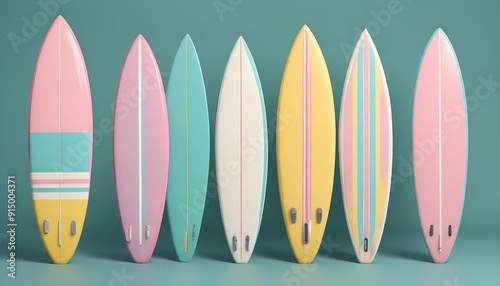 Colorful surfboards in various pastel shades arranged against a teal background