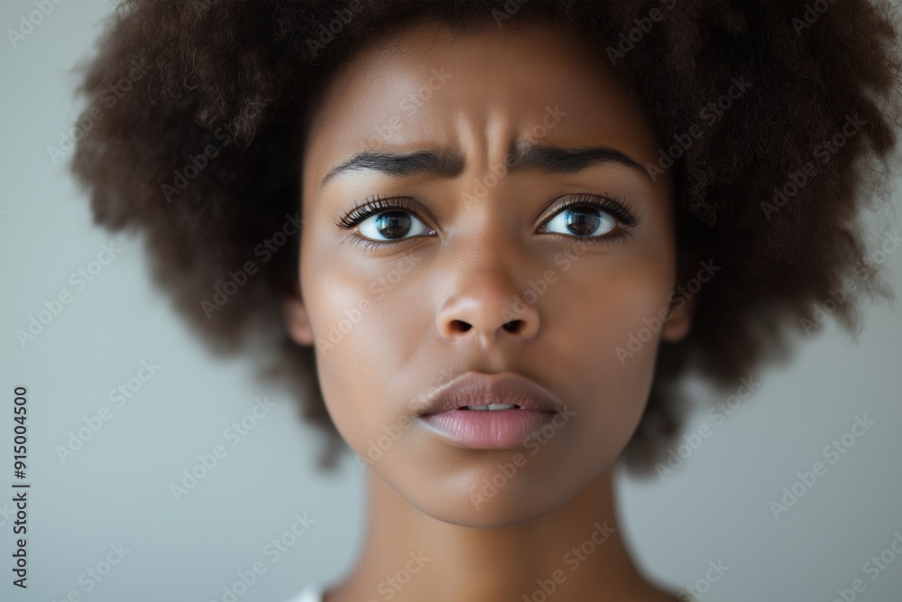 A close-up of a black woman with curly hair and furrowed brow, expressing concern or confusion, intense gaze, subtle emotions, serious facial expression, detailed skin texture, neutral background
A close-up of a black woman with curly hair and furrowed brow, expressing concern or confusion, intense gaze, subtle emotions, serious facial expression, detailed skin texture, neutral background