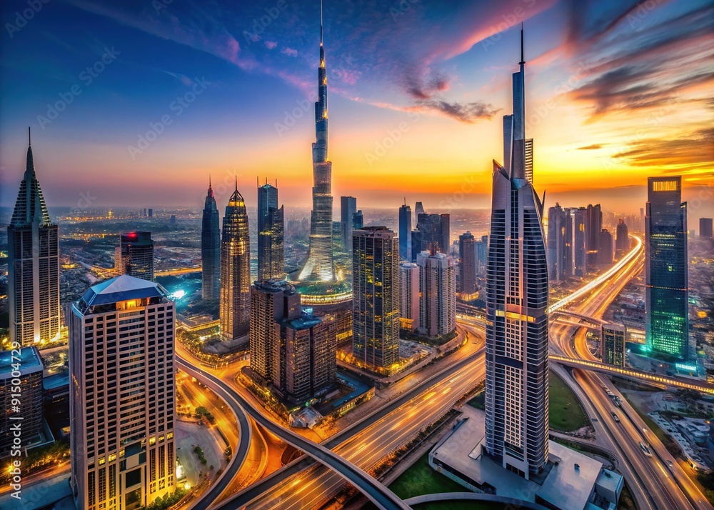 Obraz premium Breathtaking aerial panorama of Dubai Downtown's vibrant skyline transitioning from day to night, showcasing sleek skyscrapers and modern high-rises in a thriving urban metropolis, UAE.