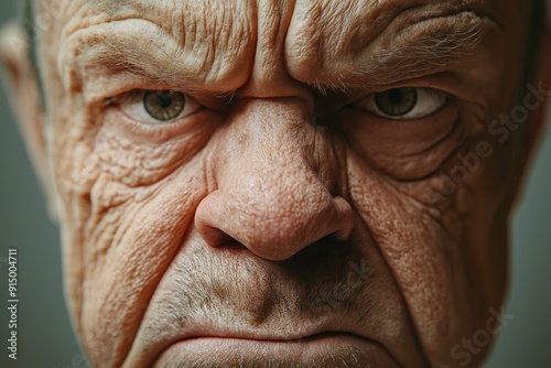 A close-up of an older man with deep wrinkles and a serious expression, emphasizing age, experience, wisdom, and character, intense gaze, detailed skin texture, rugged appearance