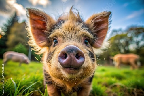 Adorable Kunekune pig's fluffy face and curly whiskers fill the frame, its tiny ears and snout radiating cuteness in a warm, natural outdoor setting. photo