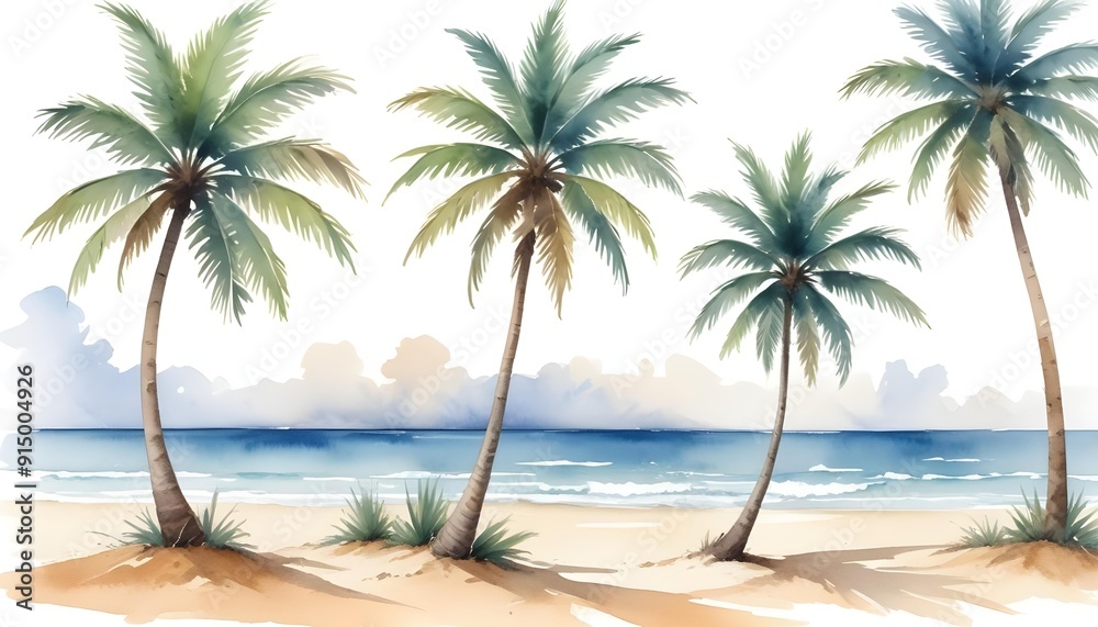 Fototapeta premium Palm trees on a tropical beach with a blue ocean in the background