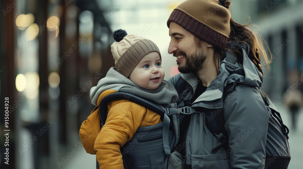 Father and Baby Enjoying Outdoor Winter Walk Father and Baby Enjoying Outdoor Winter Walk