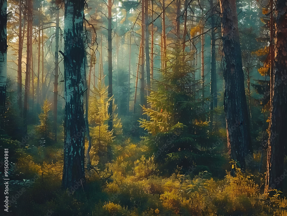 Sunbeams Through Foggy Forest - Realistic Image Sunbeams Through Foggy Forest - Realistic Image