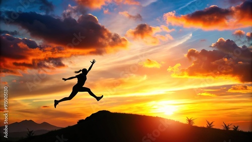 Vibrant evening sky with a young figure leaping between 2024 and 2025, silhouetted against a hill, symbolizing the countdown to a happy new year celebration.