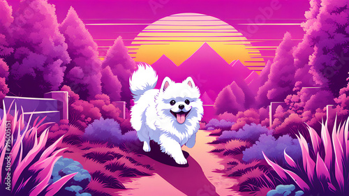 cartoon pomeranian dog sunset