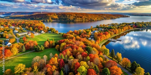 Breathtaking drone aerial view of Stewart Park nestled at the southern end of Cayuga Lake, surrounded by vibrant fall foliage, in Ithaca, New York.