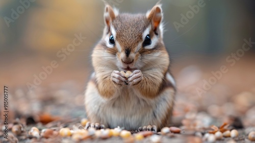 Adorable chipmunk enjoying a corn kernel in a verdant setting, observing with its fuzzy-tailed and dainty-pawed charm and purity.