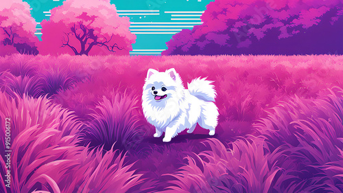 pink cartoon pomeranian dog in the grass
