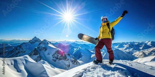Adventurous athlete stands victoriously on a snow-capped mountain against a bright blue sky, grasping snowboard and reveling in the thrill of winter sports excitement.