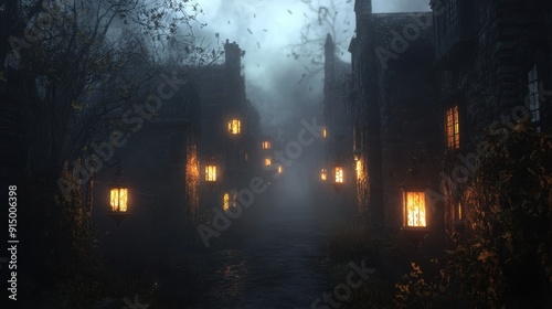 Mysterious Abandoned Street at Night with Flickering Lanterns, Eerie Shadows, and Swirling Fog - Spooky Photorealistic Background