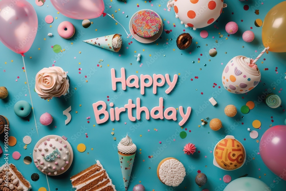Bright and Colorful Collage: A vibrant collage with photos of balloons, confetti, and cakes. The text Bright and Colorful Collage: A vibrant collage with photos of balloons, confetti, and cakes. The text