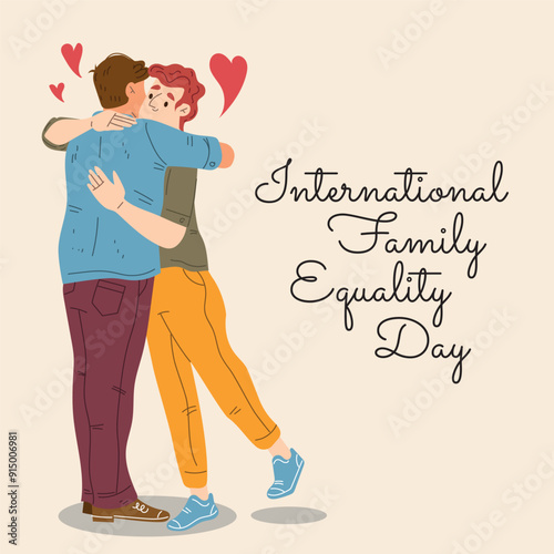 International Family Equality Day IFED. Couple hugging. LGBT boys. Celebrate Pride Month vector illustration. LGBTQ social media banner or post template, greeting card.