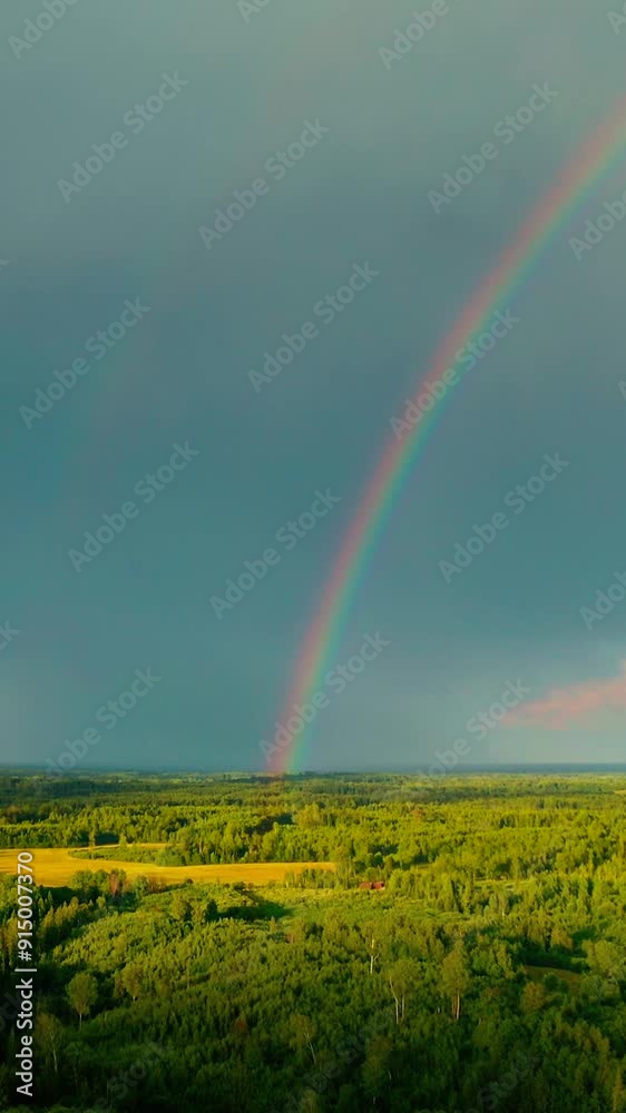 Vertical video of vibrant Rainbow after rain. Aerial view flying over forest in countryside landscape. Vertical video of vibrant Rainbow after rain. Aerial view flying over forest in countryside landscape.