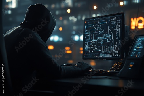 A hacker at a desk using a computer with a digital tech circle on a blurry dark office background. Big data, hacking, and technology concept. Double exposure.