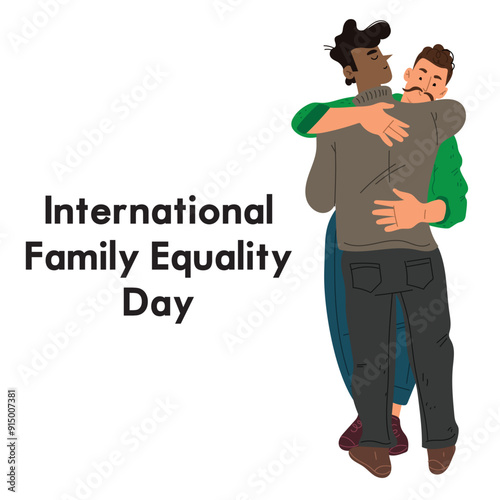 International Family Equality Day IFED. Couple hugging. LGBT boys. Celebrate Pride Month vector illustration. LGBTQ social media banner or post template, greeting card.