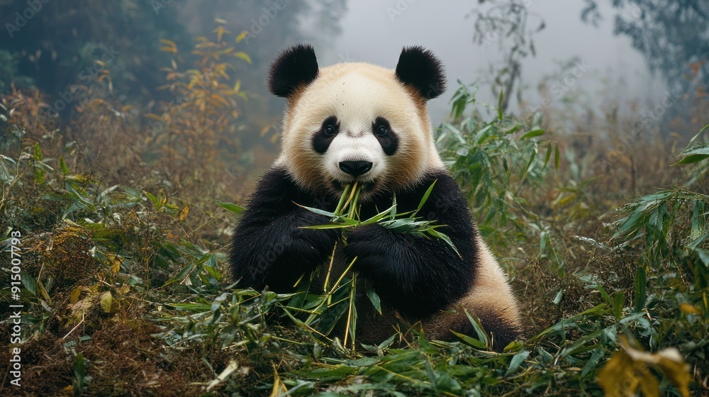 Fototapeta premium Adorable Panda Eating Bamboo in a Lush Forest