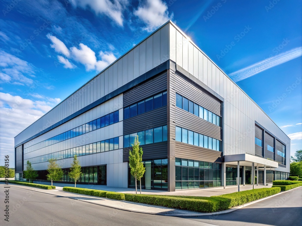 Obraz premium Modern industrial building exterior with sleek architecture and logo signage, representing a leading thermal technology company in Munich, Bavaria, Germany, on a sunny day.