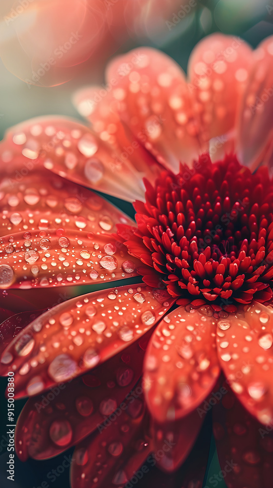 Close-Up of Bright Red Flower with Water Droplets Under Sunlight, Highlighting Petal Texture and Natural Beauty Close-Up of Bright Red Flower with Water Droplets Under Sunlight, Highlighting Petal Texture and Natural Beauty