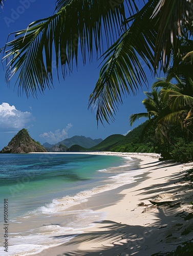 A tropical paradise with sandy shores and palm trees on a Caribbean island.