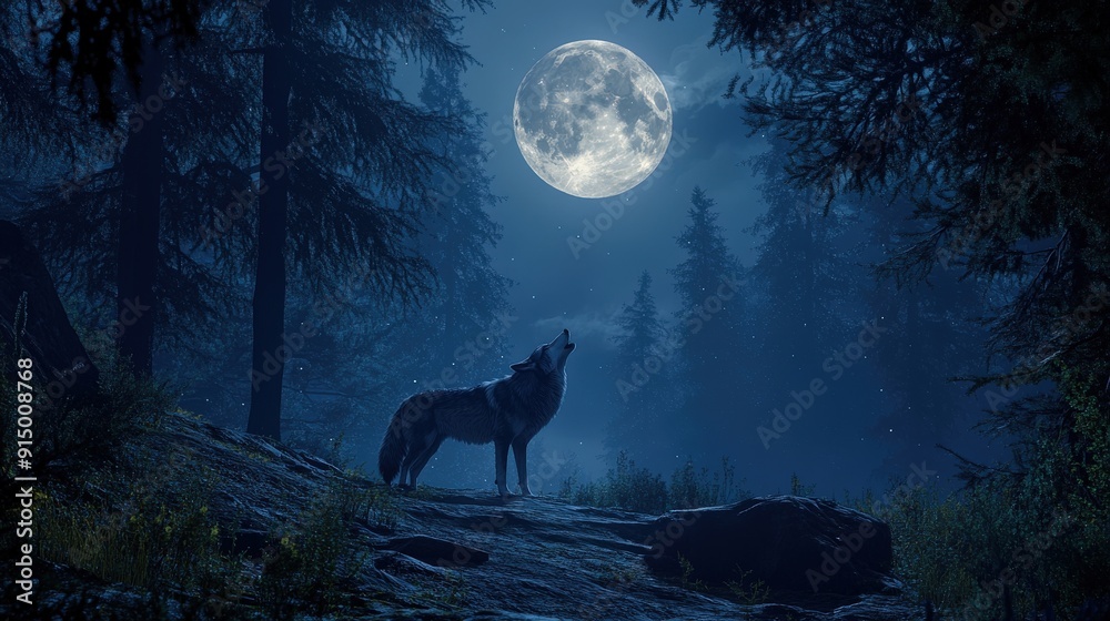 A majestic wolf howls at the full moon, standing in the midst of a mysterious forest. A majestic wolf howls at the full moon, standing in the midst of a mysterious forest.