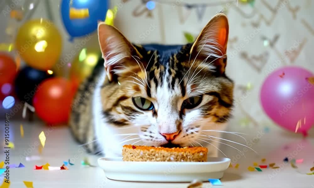 A cat eating cake with birthday decorations. generative ai