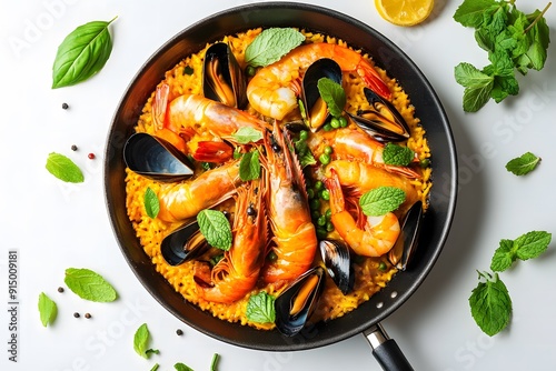 Traditional Spanish seafood paella on a pan isolated on white background top view photo